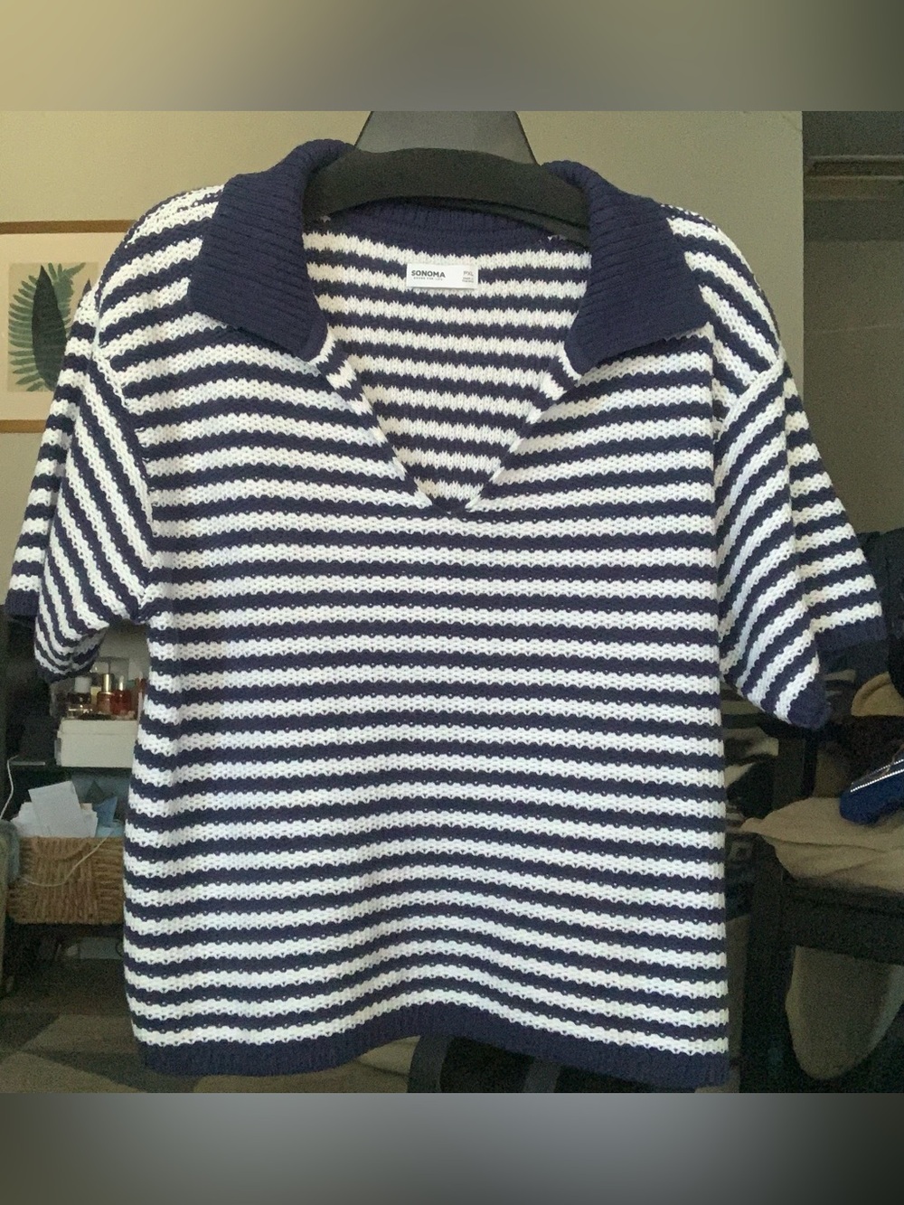 NWT Sonoma Navy and White Striped V-Collar Knit Top